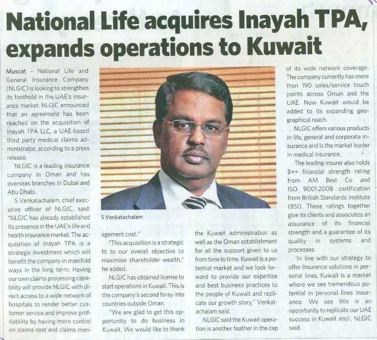National Life acquires Inayah TPA, expands operations to Kuwait. 05 Nov 2017