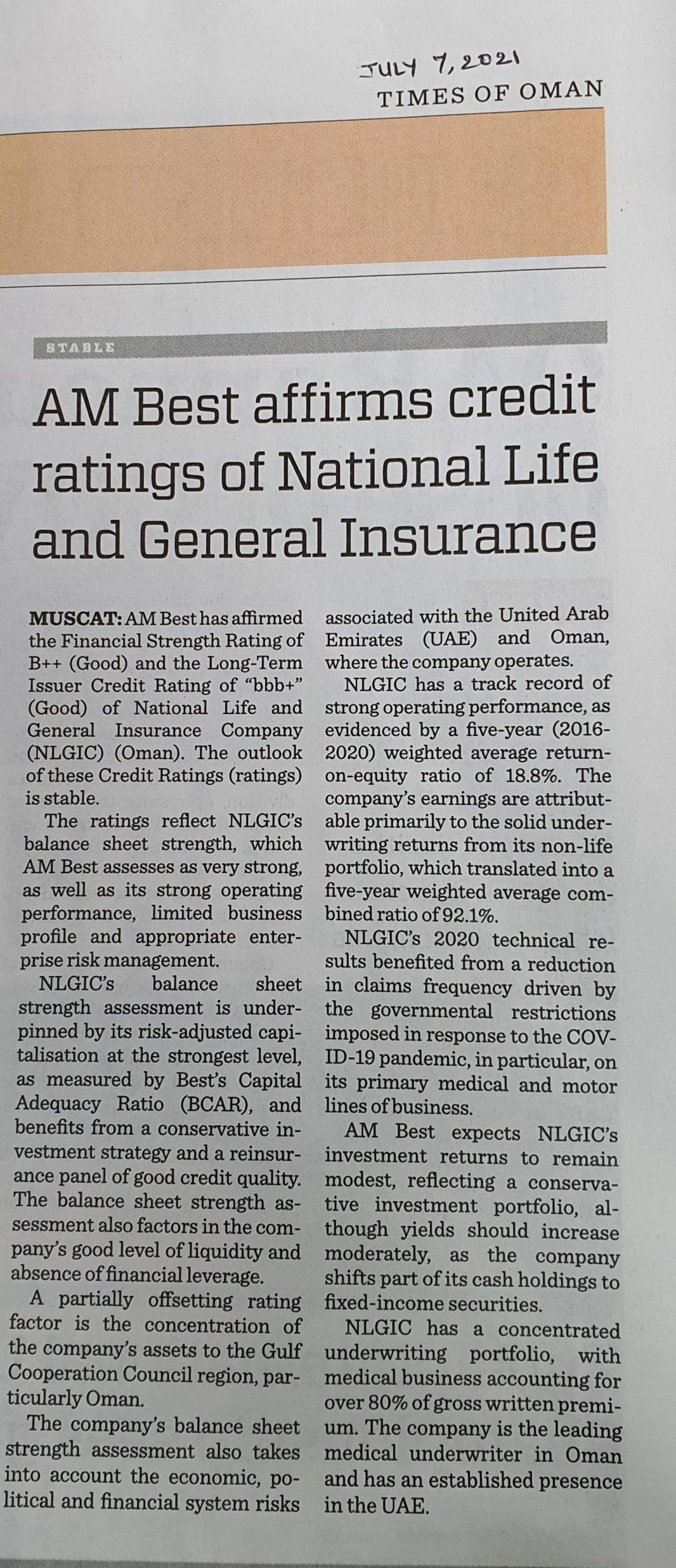 AM Best affirms credit ratings of National Life and General Insurance