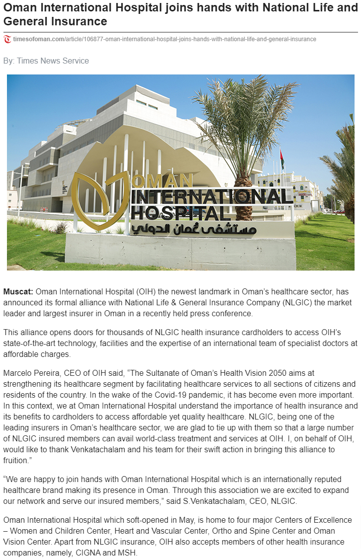 Oman International Hospital joins hands with National Life and General Insurance